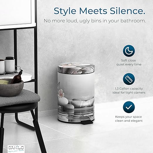 Sanilo Small Bathroom Trash Can with Lid [1.3 Gallon] - Lidded Tiny Trashcan for Garbage - Mini Metal Bin with Soft Closing Mechanism - Bath Room Accessoire Wastebin with Inner Bucket (Vanesa)