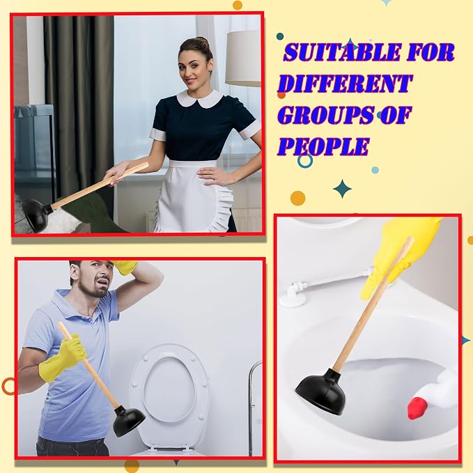 15 Pcs Toilet Plunger Bulk Double Thrust Rubber Force Suction Cup Long Wooden Handle Heavy Duty for Bathroom Commercial Stores Restaurants Toilet Bowl Pump Clogged