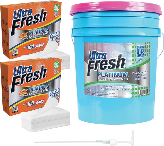 Ultra Fresh Platinum Fabric Softener, Scent Free, Up to 640 Loads, 5 Gallon Bundled with 2 Pack Platinum 6X Laundry Detergent Sheets with Fresh Scent