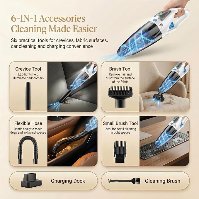 Handheld Vacuum Cordless, 25000Pa Powerful Suction Car Vacuum Portable Cordless with 8000mAh Battery & LED Light, Hand Held Vacuum Rechargeable with HEPA Filters, Home, Car Seats, Pet Hair White