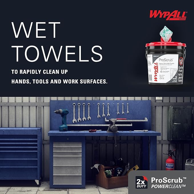 WypAll PowerClean ProScrub Heavy Duty Wet Towels (91371), Dual Action Cleaning, Large 9.5" x 12" Wipes, Bucket Included (6 Containers of 75 Sheets, 450 Sheet Total)