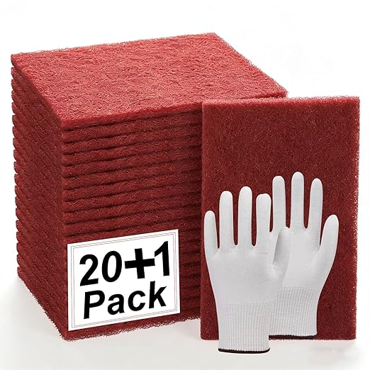 20 Pack Red Scuff Pads 6"x9" with Gloves – Very Fine Aluminum Oxide Non-Woven Abrasive Hand Pads for Automotive Paint Prep, Surface Preparation, Sanding, Woodworking, Metal & Plastic (9x6x0.4 in)