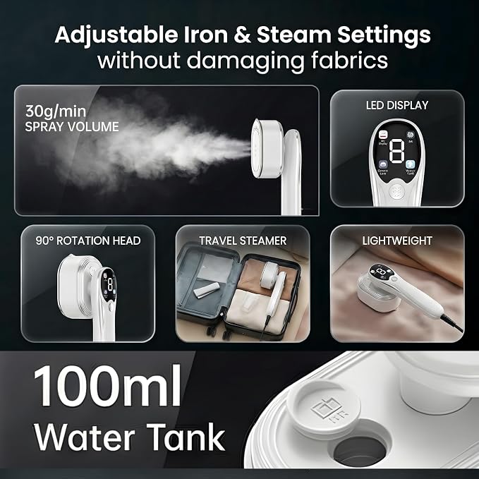 Travel Steamer for Clothes with Ironing Gloves, All-Fabric Wrinkle Removal 4 Adjustable Modes, 10s fast Heat Up, Large Ceramic Heat Panel, 100ml water tank, 2in1 Steamer Iron1200W (110-120V) (WHITE)
