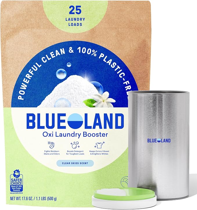BLUELAND Oxi Laundry Booster Powder with Tin, Starter Set, Clear Skies Scent, 25 Loads, 17.6 oz, Plastic-Free, Eco Friendly, Oxy Cleaner, Stain Remover