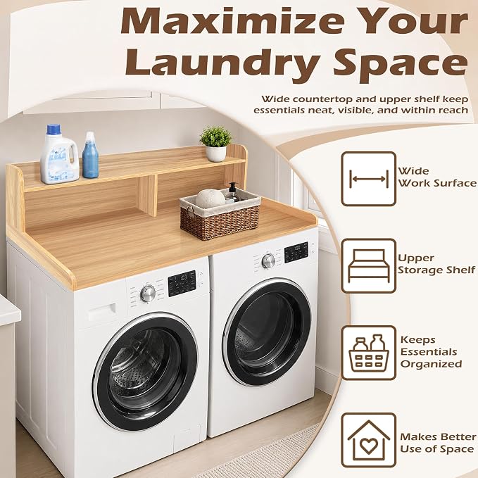 Royxen Laundry Countertop with 2-Tier Shelf Universal Fit, Washer and Dryer Countertop with Storage Space, Shelf Height 11.5 Inches, Solid Wood Core, Oak