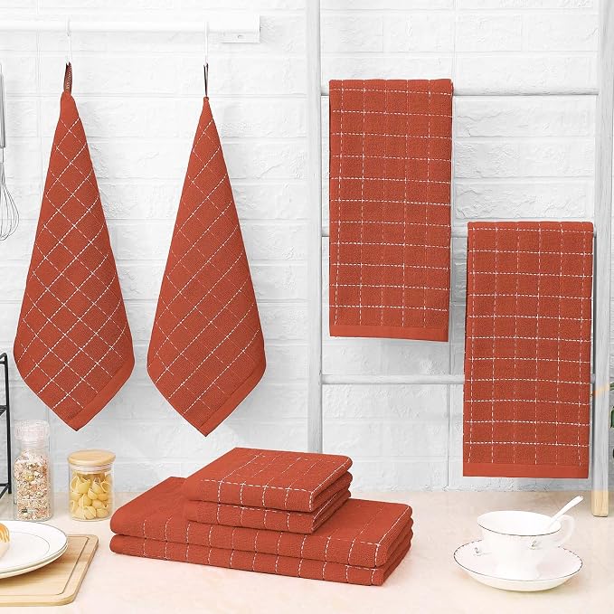 Homaxy Kitchen Towels and Dishcloths Set, 12 x 12 and 13 x 28 Inches, Set of 16 Bulk Cotton Terry Kitchen Towels Set, Checkered Designed, Soft and Super Absorbent Dish Towels, Rust