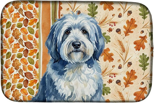 Caroline's Treasures Blue and White Old English Sheepdog Heirloom Fall Dish Drying Mat Absorbent Dish Drying Mat Pad for Kitchen Counter Dish Drainer Mat for Countertop, 14 x 21", Multicolor