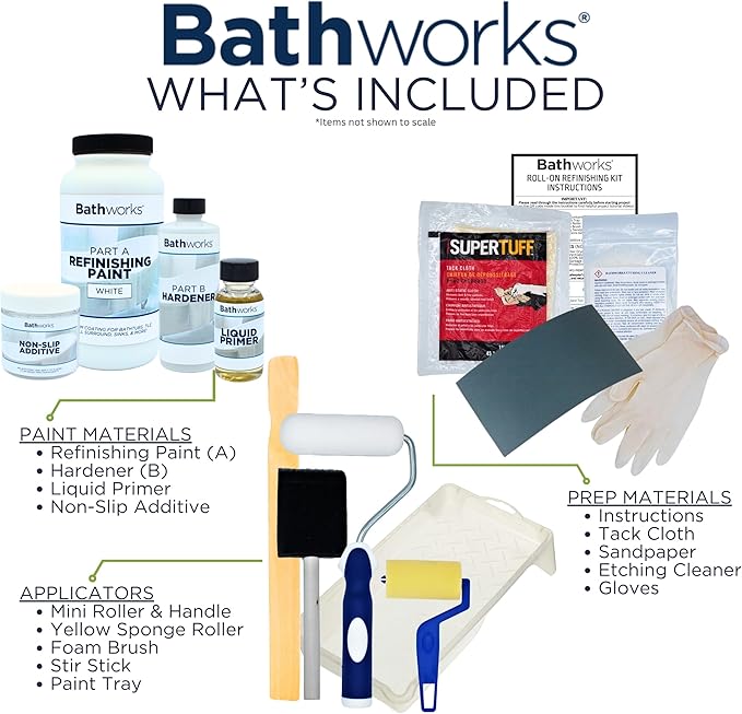Bathworks Quick-Dry Roll-On Refinishing Kit - 22 fl oz, High Gloss White, Complete DIY System with Tools & Non-Slip Additive - Faster 12-Hour Dry Time for Bathtubs, Tile, Sinks & Showers