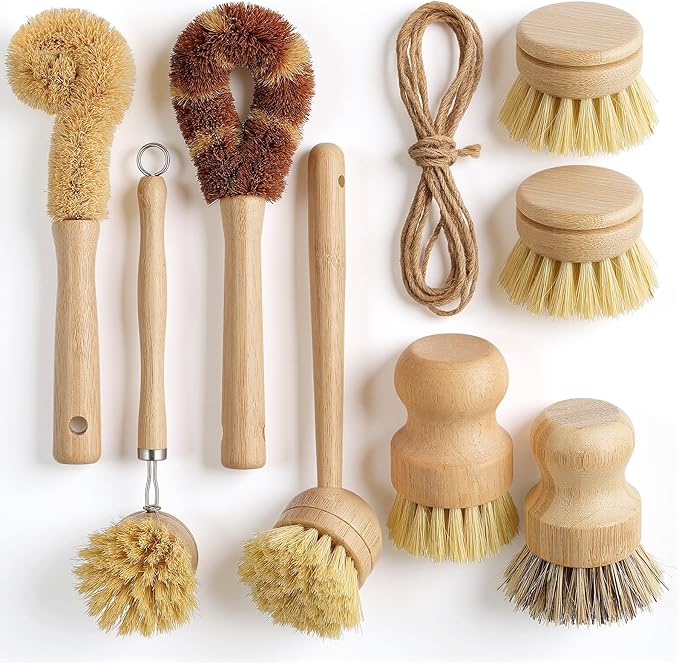 9 Pcs Bamboo Dish Brush Set Wooden Dish Brush with Sisal and Palm Fiber Natural Wooden Kitchen Brushs Practical Dishs Cleaning Brushs Sets for Pots Pans Bottle Sink Vegetables Household Cleaning