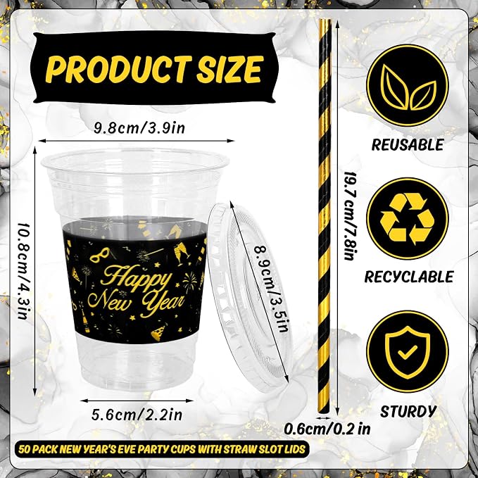 JarThenaAMCS 50Pcs New Year Plastic Cups With Lids And Straws 12oz Disposable Party Cups Black Gold Cold Beverage Drinking Cups for Chinese Spring Festival Party Supplies