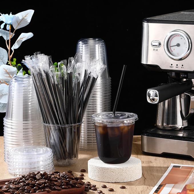 Ziliny 50 Set Clear Plastic Cups with Lids and Straws, Disposable Iced Coffee PET Cups for Drinking Cold Beverage Juice Parfait Smoothie Milkshake Coffee Shops Party Supplies (12 oz)