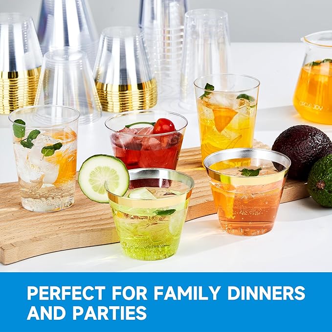 RACETOP 9 oz 200 Pack Plastic Cups with Gold Rim, Disposable Gold Rim Clear Plastic Cups for Parties, Gatherings, Weddings, and Festival Events