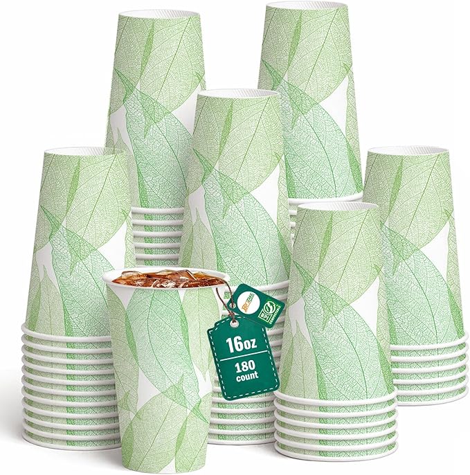 16oz 180Count Compostable Paper Cups, Plant-Based Disposable Coffee Cups with PLA Lining, Perfect for Hot & Cold Drinks, Coffee, Party, Office & Daily Use