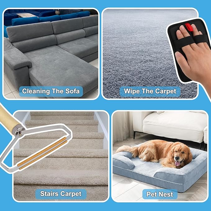 mupapi Carpet Rake for Pet Hair Removal, Reusable Pet Hair Remover Broom, 60'' Adjustable Long Handle Dog and Cat Hair Remover Tool Set of 3, Lint Remover Scraper for Carpets, Rugs, Mats, Couch, Car