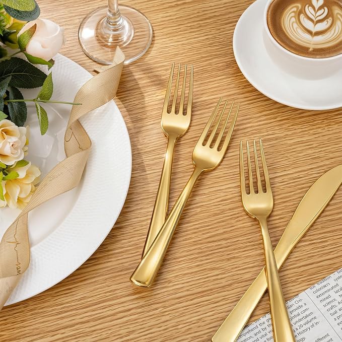 Liacere 200pcs Gold Plastic Forks - Heavyweight - 7.4 Inch Heavy Duty Forks - Gold Plastic Silverware Perfect For Parties & Weddings & Restaurants & New Year And Daily Using&Christmas&New Year