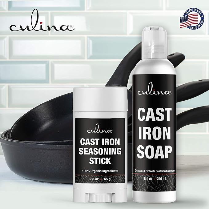 Culina Cast Iron Seasoning Stick & Soap & Oil Conditioner & Restoring Scrub | All Natural Ingredients | Best for Cleaning, Non-stick Cooking & Restoring | for Cast Iron Cookware, Skillets, Pans