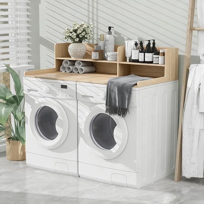 Laundry Topper For Washer And Dryer,Adjustable Washer Dryer Countertop | Natural Laundry Room Countertop 2 Tier,Shelf For Folding & Storage,Fits Standard Washers & Dryers, Laundry Room Organization
