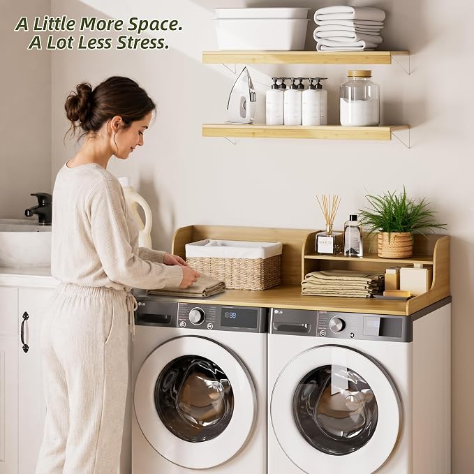 Washer Dryer Countertop with Shelf, 54" x 27.5" 2-Tier Bamboo Laundry Topper, Washer and Dryer Countertop for Laundry Room Organization with Edge Rails, Waterproof, Natural