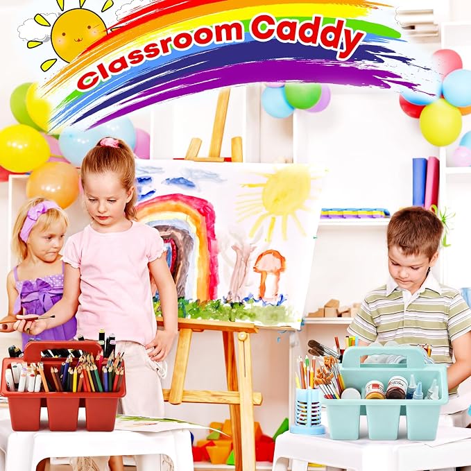ALINK Classroom Caddy Storage Basket with Handle, 6 Pack Plastic Arts Office Crafts Caddy 4 Compartments for Kids, Pencil, Crayon, Marker, School Supplies - Macaroon