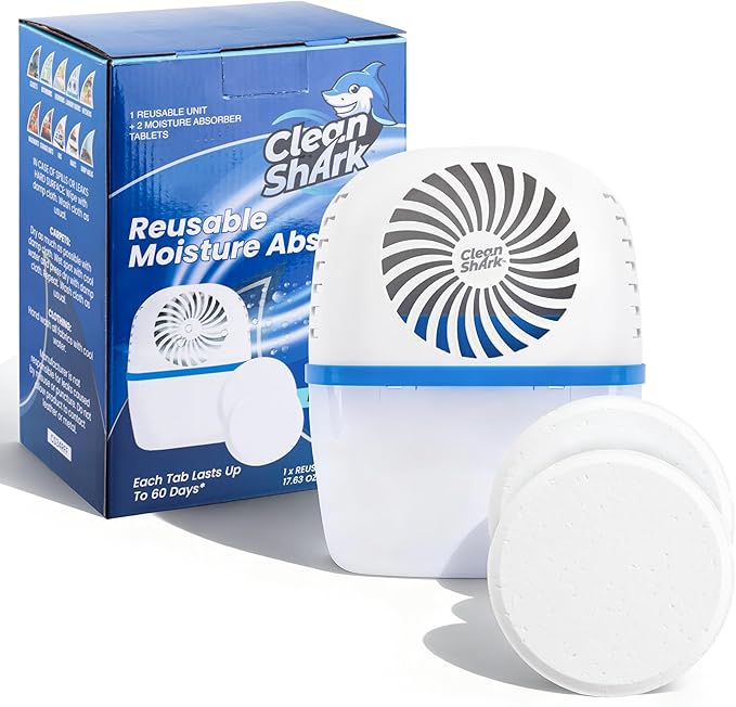 CleanShark Moisture Absorber with Drop-In Tablets - Reusable Moisture Absorbers for Closet & Damp Areas - Includes 2 Long-Lasting Dehumidifier Tablets (17.6 oz), Fragrance Free