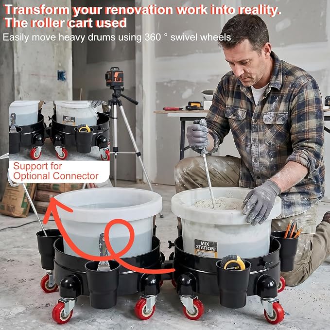 Heavy-Duty Bucket Dolly with Wheels,5 Gallon Bucket Roller with Locking Casters & Secure Clamp,Rolling Bucket Cart for Cleaning, Gardening,Industrial Use,300Lbs,Equipped with three detachable brackets