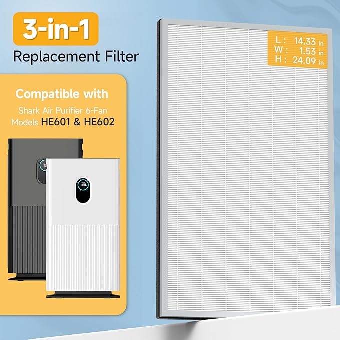 HE601 HE602 H13 True HEPA Replacement Filter Compatible with Shark Air Purifi-er 6 Fan Models HE601 & HE602, Part # he6fkpet True HEPA for Shark HE601 Air Purifi-er Filter Replacement, 1 Pack