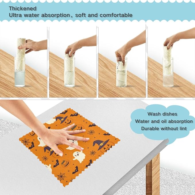 ALAZA Kitchen Towels Halloween Ghost Pumpkin Pattern Dish Towels Multipurpose Reusable Dish Cloths Soft Cleaning Cloth Kitchen Accessories Set of 6,11"x11"