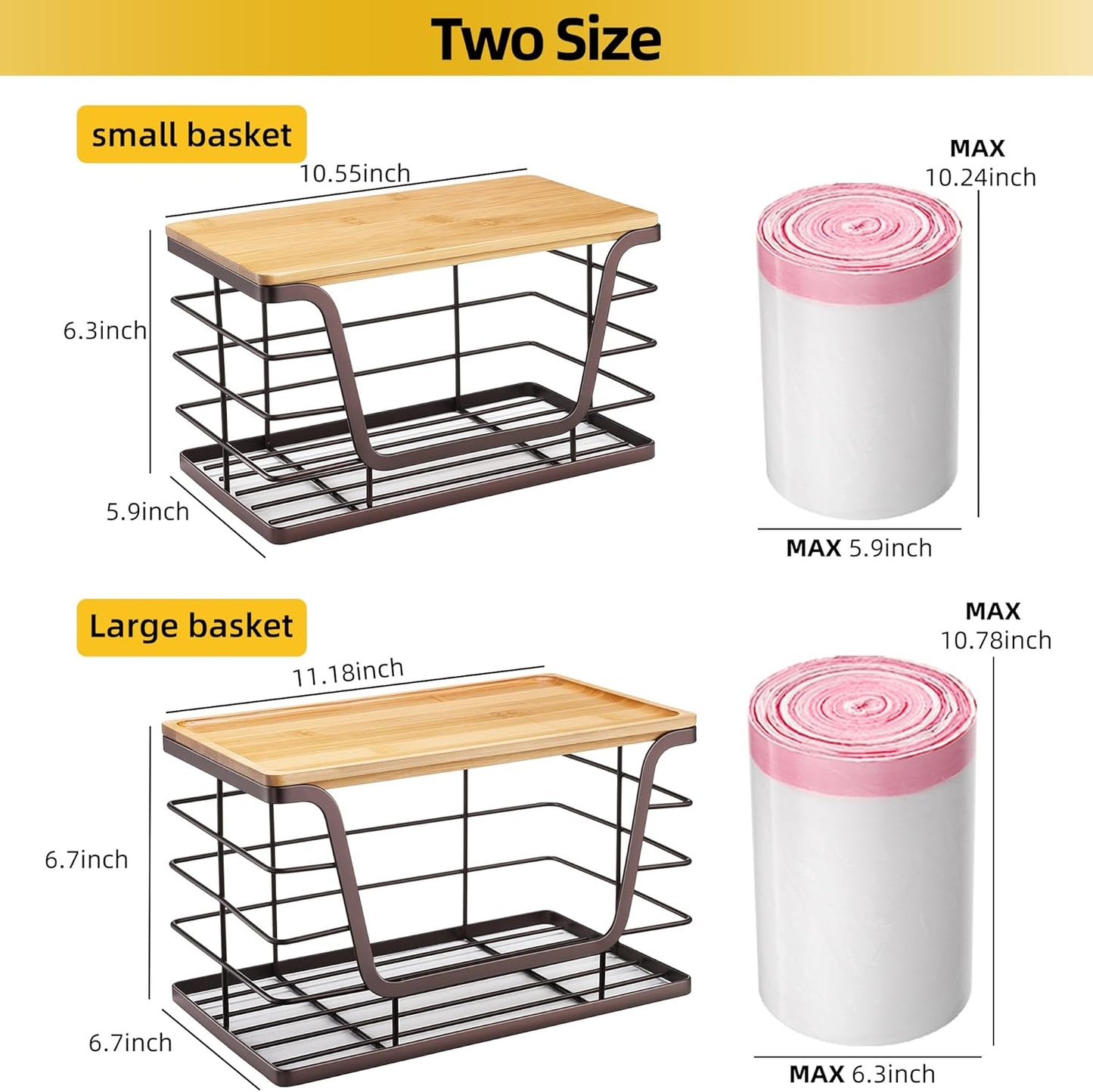 ALOCEO 2 Pack Large Pantry Baskets with Bamboo Lip, Stainless Steel Garbage Bag Holder Dispenser Countertop Storage, Stackable Kitchen Storage Bins for Fruit Onion Potato Vegetable, Brown