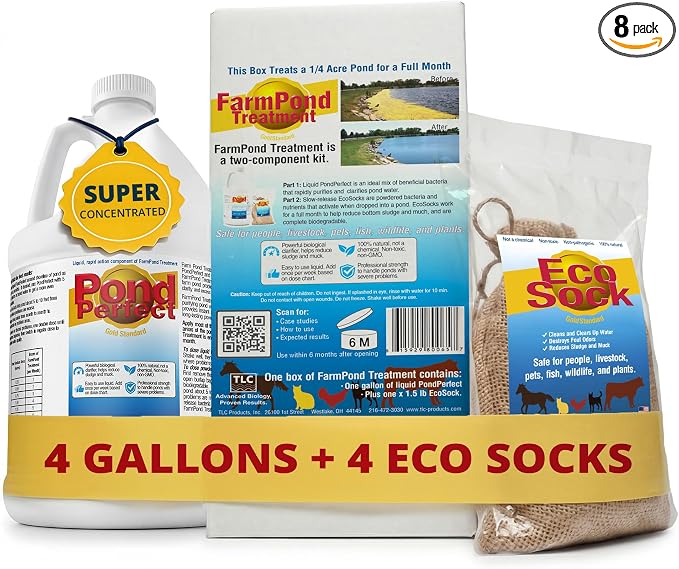 TLC Farm Pond Treatment – PondPerfect Liquid & EcoSock Dual System, Pond Bacteria for Larger Outdoor Ponds – 1 Box Treats Up to 1/4 Acre – 4 Gallon + 4 EcoSock