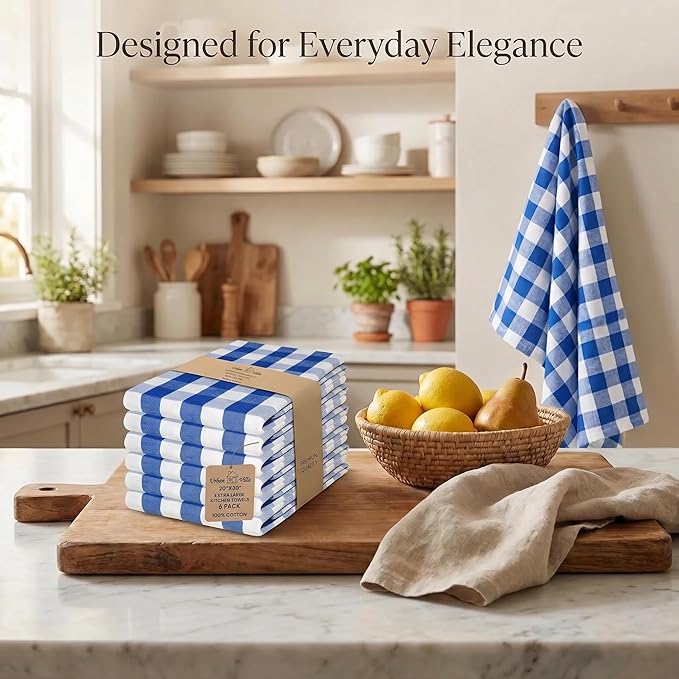 Urban Villa Kitchen Towels 100% Cotton Dish Towels for Kitchen (Set of 6) 20”x30” Dish Cloths Highly Absorbent Kitchen Linen Set with Hanging Loop Perfect for Drying Dishes Cleaning – Blue/White