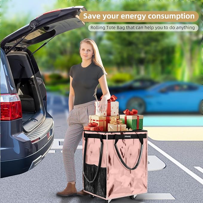 (Medium, Rose Gold) Reusable Grocery Bag on 4 Wheels, 70L Foldable Rolling Tote, Shopping Trolley, Rolling Bag with 3 Handles, Rolling Tote Bag with Wheels for Shopping, Market, Laundry,Moving