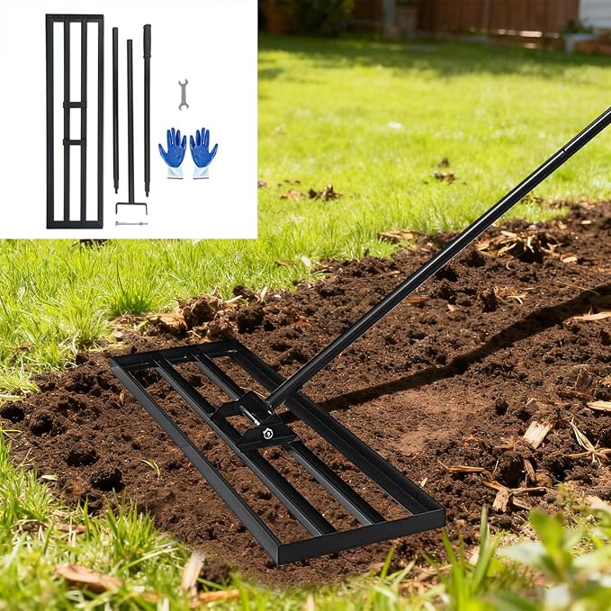 36"x10" Lawn Leveling Rake - High Carbon Steel Yard Lawn Leveler Tool with Adjustable Long Handle | Multi-Surface Levelawn Tool for Soil, Grass, Golf Course, Garden & Farm Care