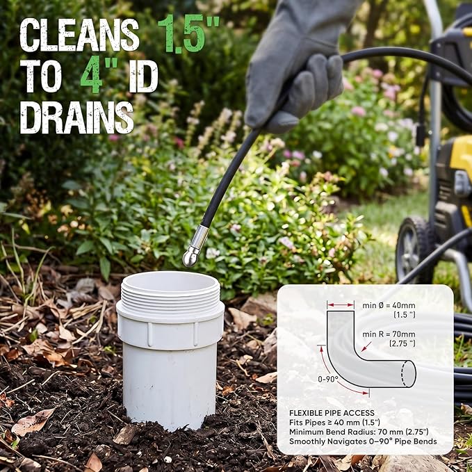 100FT Sewer Jetter Kit for Pressure Washer, 5800 PSI/400 Bar Drain Cleaning Hose, Slim Flexible Hose with Penetration Jet Nozzle for Narrow Pipes, Bends and Clogged Drains
