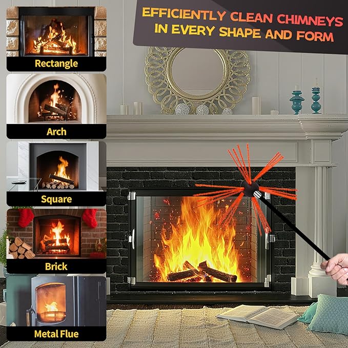 23 Feet Chimney Sweep Kit, Chimney Cleaning Kit with 7 Flexible Black Chimney Rods, Rotary Chimney Cleaning System Driven by Drill for Sweeping Fireplace, Chimney Cleaners with Strong Brush