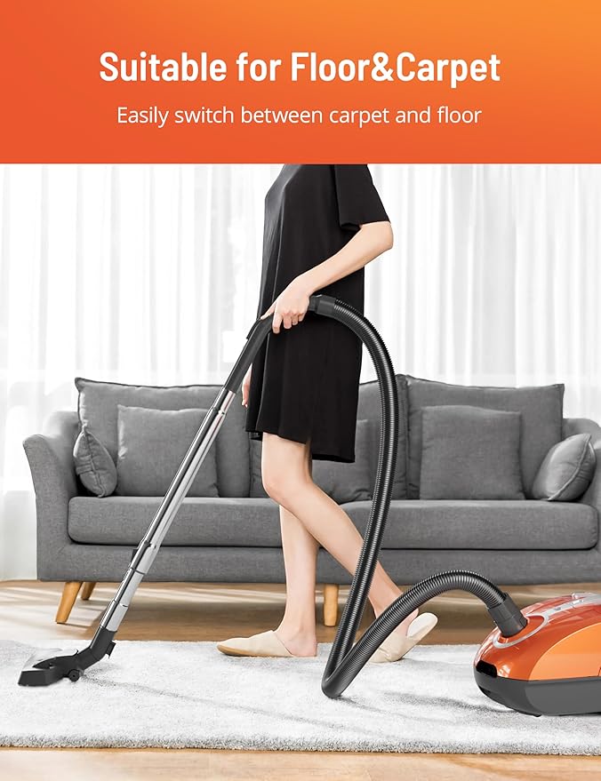 Bagged Canister Vacuum Cleaner, Canister Vacuum Cleaners for Home, Automatic Cord Rewind, Portable Corded Vacuum Cleaner with 3 Replacement Bags for Hard Floors, Pet Hair, Carpet and Upholstery