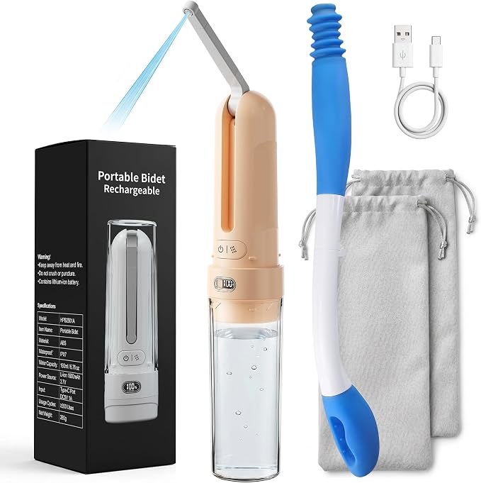Electric Portable Bidet Toilet Aids Wiper Tool Set, Orange | 2-in-1 travel hygiene kit 15.7" extended length wiping tools 1600mAh Long-lasting Battery USB-C Rechargable IPX7 Waterproof