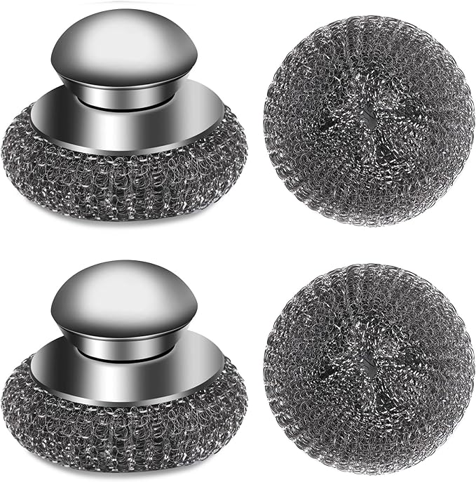 Cast Iron Scrubber Set with Steel Wool Scrubber Set, 316 Chainmail Scrubber, Upgraded Chain Mail Scrubber Sponge,Stainless Steel Scrubber with Handle(6 Pcs)