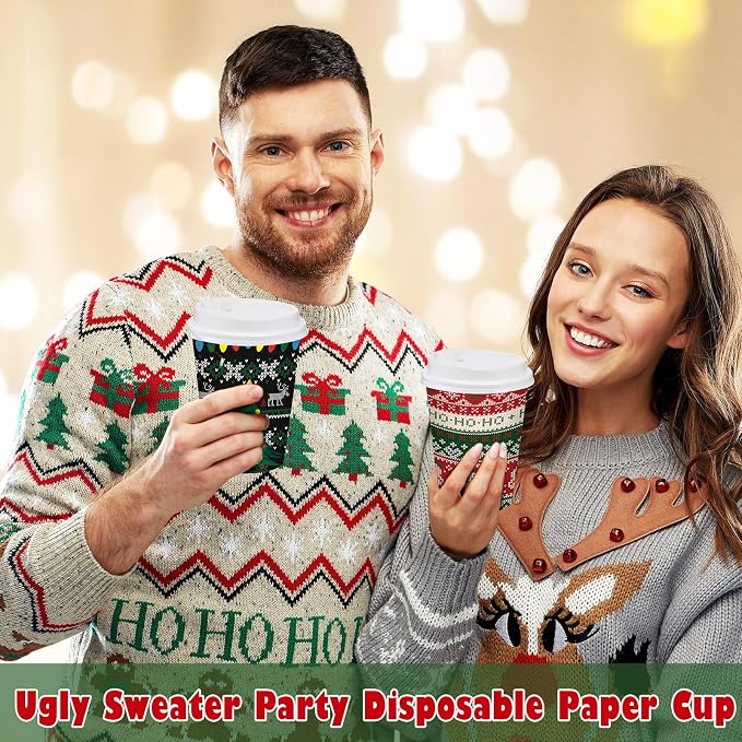 Gerrii 100 Set Christmas Paper Cups Disposable 12 oz with Lids Hot Chocolate Cups Coffee Cups Holiday Hot Cups for Hot and Cold Drinks Tea Water Bar Supplies Winter Season (Ugly Sweater Style)