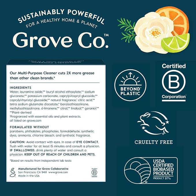 Grove Co. Multi-Purpose Cleaner Refills & Glass Bottle, Lemon & Eucalyptus | 2 refills and 1 Reusable Glass Bottle; Plant-based; No plastic waste; Ammonia & chlorine free; No Harsh Chemicals