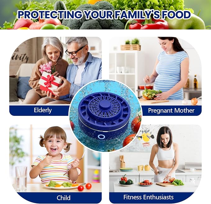 Fruit and Vegetable Washer Purifier, IPX7 Waterproof Wireless Produce Cleaner with OH-ion Disinfection Technology, Removes Wax, Pesticides for Cleaning Fruits, Vegetables, Grains, Rice, and Seafood