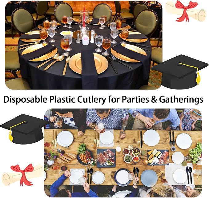 Kochorie 360 Pieces Graduation Party Plastic Cutlery Set Black and Gold Disposable Plastic Utensils Heavy Duty Flatware Set Include 120 Knives 120 Forks 120 Spoons for Graduation Wedding Birthday