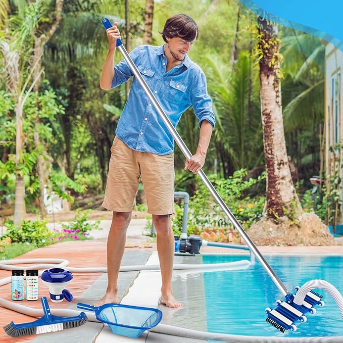Potchen 6 Pcs Pool Cleaning Kit Include Vacuum Head, Skimmer Net, Brush Head, Telescoping Pole, Pool Chlorine Floater, and Test Strips for Above Ground Pools Hot Tubs Maintenance Tools(Classic Vac)