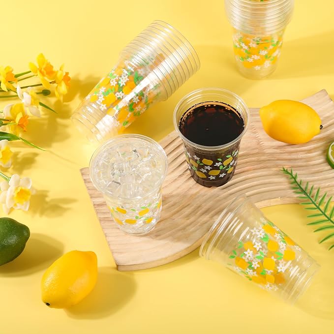 AimFun 100 Pcs Lemon Plastic Cups Summer 12 oz Disposable Party Clear Cups for Tropical Luau Party Hawaiian Theme Birthday Wedding Bridal Baby Shower Beverage Supplies