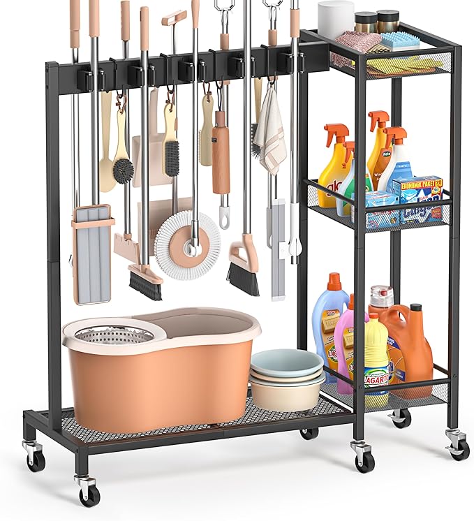 Broom and Mop Holder with Cleaning Supplies Organizer
