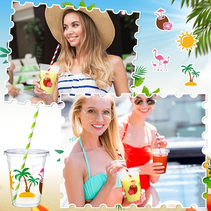 Blushtier 300 Pcs Summer Disposable Plastic Cups with Lids and Straws - 12oz Hawaii Laua Party Favors - Flamingo Disposable Clear Palm Tree Floral Tropical Drinking Cups for Party
