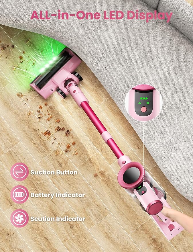 Dzaki Cordless Stick Vacuum Cleaner, 50KPa Brushless Motor Vacuum with Anti-Tangle, LED Display, 55-Min Runtime & Detachable Battery for Pet Hair, Carpet & Hardwood Floors