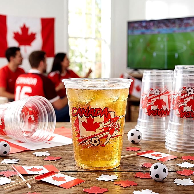 Jingmore 50 Pcs Soccer Plastic Cups 12 oz International Countries Soccer Disposable Plastic Cups Thick Clear Drinkware for Sports Games Party Supplies (Canada)