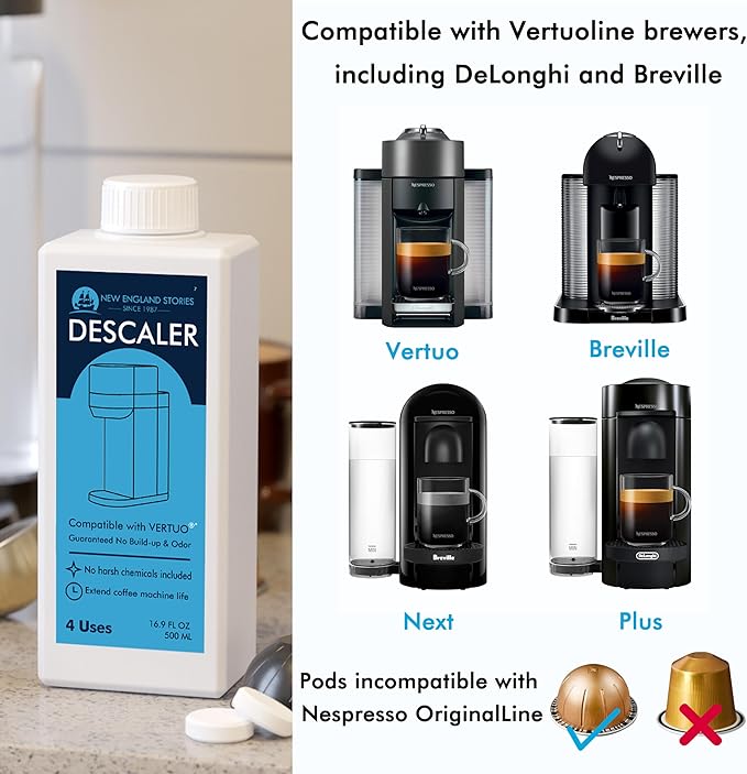 (12 Months Supply) Descaling Kit Compatible with Nespresso Vertuo, Odorless Coffee Brewer Machine Descaler Set, Liquid Descaling Solution for Nespresso, Includes Reusable Pod and 12 Cleaning Tablets
