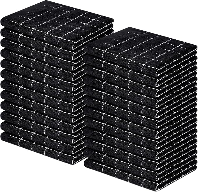Homaxy 100% Cotton Terry Kitchen Dish Cloths, Ultra Soft and Absorbent Dish Towels for Kitchen, Suitable for Drying and Washing Dishes, 24 Pack, 12 x 12 Inches, Black