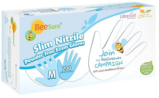 BeeSure BE1127case Slim Nitrile Powder Free Exam Gloves, 2.5 mil, White, Medium (Pack of 2000)